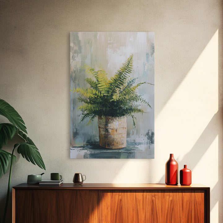 Green Fern In Rustic Pot Canvas Print, Botanical Wall Art, Neutral Plant Painting For Japandi Modern Home Decor Gift For Living Room