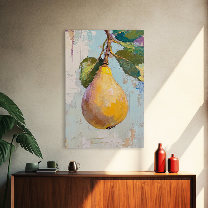 Golden Pear On Branch Canvas Print, Rustic Kitchen Wall Art, French Country Decor, Botanical Fruit Print, Housewarming Gift