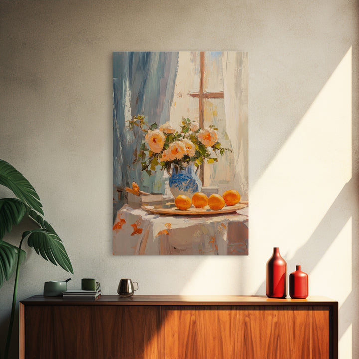 Peach Roses And Oranges By Window Framed Canvas Print, Kitchen Wall Art, French Country Decor, Floral Still Life Gift For Her