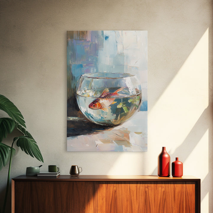 Goldfish In Glass Bowl Canvas Print, Aquatic Animal Wall Art, Coastal Bathroom Decor, Kids Room Art, Ocean Life Gift For Her