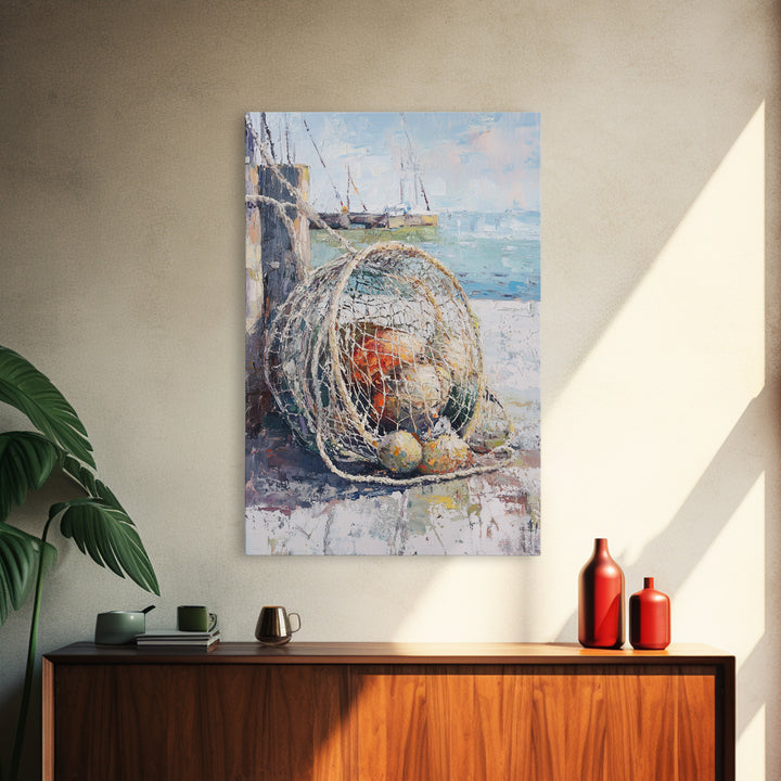 Fishing Net And Buoys By Harbor Wall Art, Coastal Wall Decor, Nautical Canvas Print, Beach House Decor, Ocean Art, Gift For Him