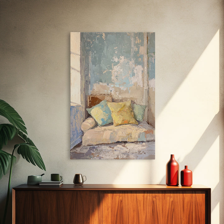 Sunlit Sofa With Pastel Pillows Wall Art, Cozy Bedroom Decor, Neutral Living Room Art, Apartment Decor, Housewarming Gift