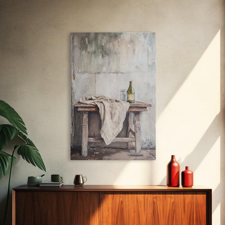Rustic Wine Bottle And Linen On Weathered Table Framed Canvas Print, Neutral Farmhouse Kitchen Wall Decor Gift For New Home