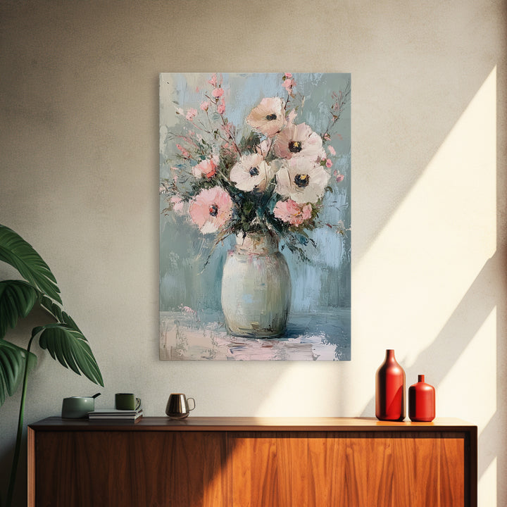 Soft Pink Poppies In Pale Ceramic Vase Wall Art, Textured Floral Canvas Print, Feminine Bedroom Decor Romantic Gift For Her