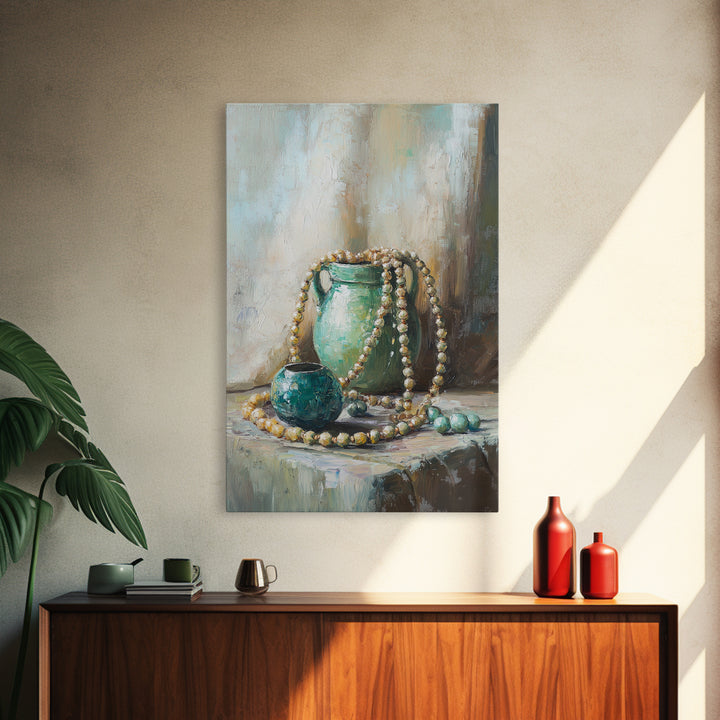 Turquoise Vases With Pearl Beads Still Life Wall Art, Elegant Framed Canvas Print For Bedroom Office Decor Gift For Her