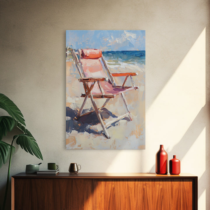 Pink Beach Chair Beside Blue Ocean Canvas Print, Coastal Wall Art For Beach House Decor, Summer Living Room Gift For Her