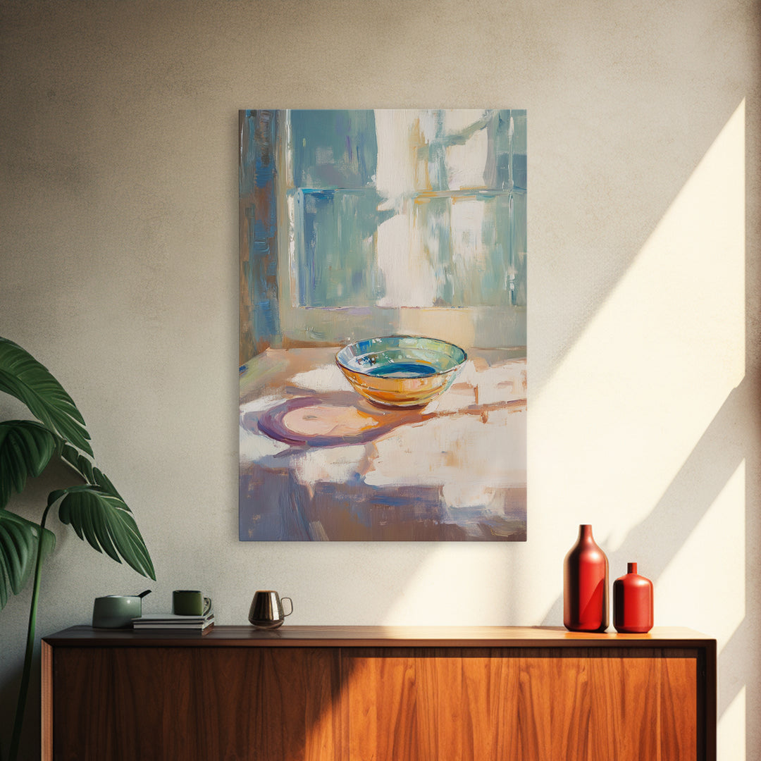 Sunlit Glass Bowl By Window Wall Art, Minimalist Still Life Print, Soft Blue Kitchen Decor, Modern Coastal Home Decor Gift