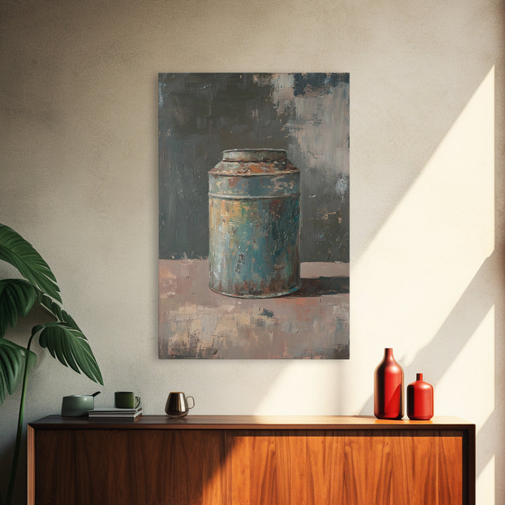 Rustic Blue Tin Can Still Life Canvas Print, Wabi Sabi Wall Art, Industrial Farmhouse Decor, Neutral Kitchen Print Home Decor