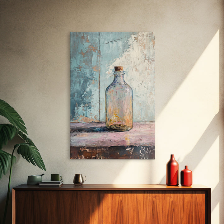 Iridescent Glass Bottle On Blue Plaster Wall Art, Minimalist Still Life Print, Wabi Sabi Kitchen Decor, Modern Home Gift