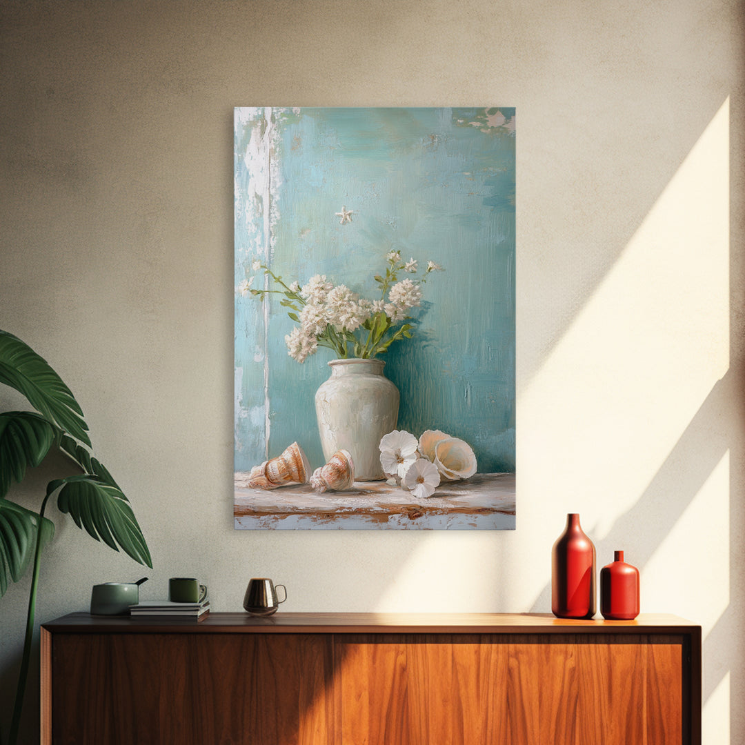 White Hydrangea Vase With Seashells Framed Canvas Print, Coastal Wall Art, Beach House Decor, Soft Neutral Home Decor, Bathroom Wall Decor