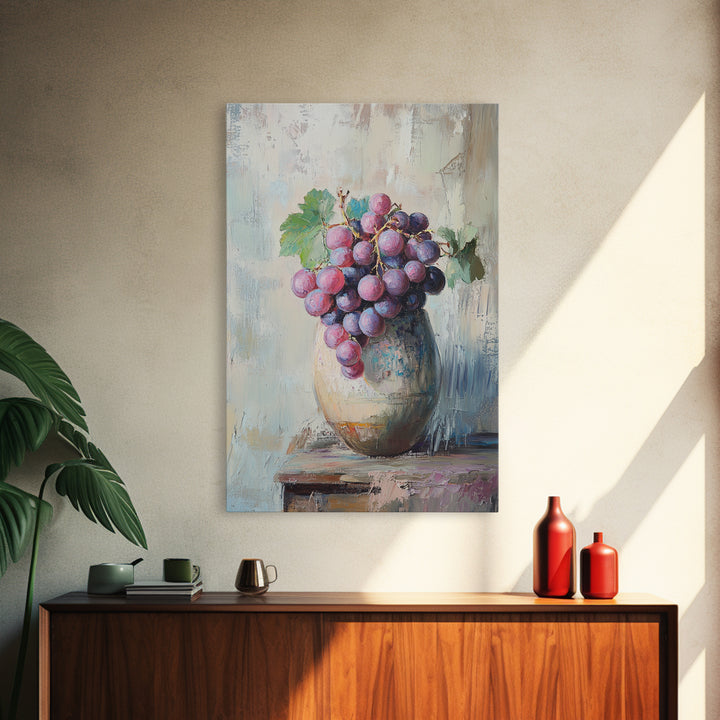 Purple Grapes In Rustic Ceramic Vase Wall Art, Vineyard Still Life Oil Painting, Wine Kitchen Decor, Farmhouse Canvas Print