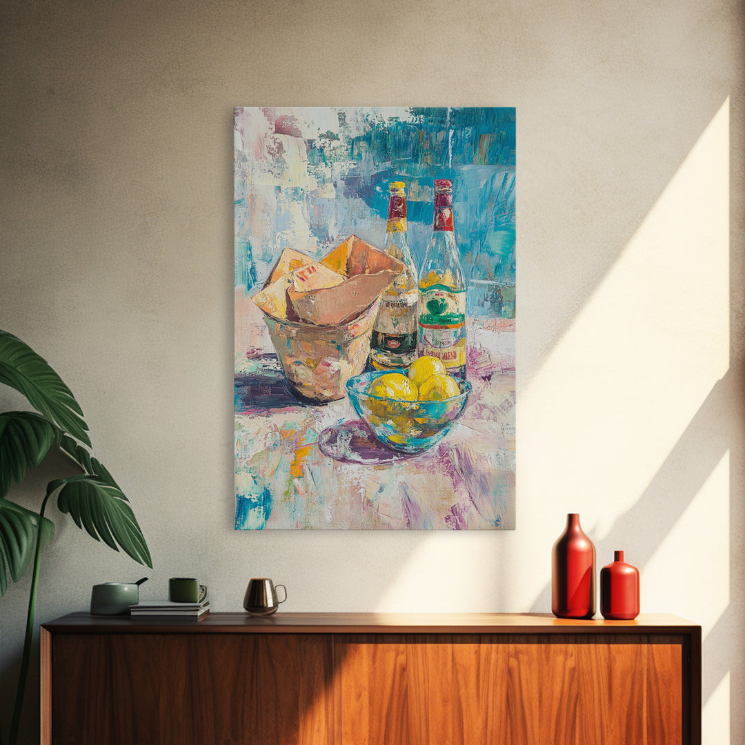 Bottles Lemons And Ice Bucket Canvas Print, Colorful Bar Cart Wall Art, Cocktail Kitchen Decor, Eclectic Dining Room Print