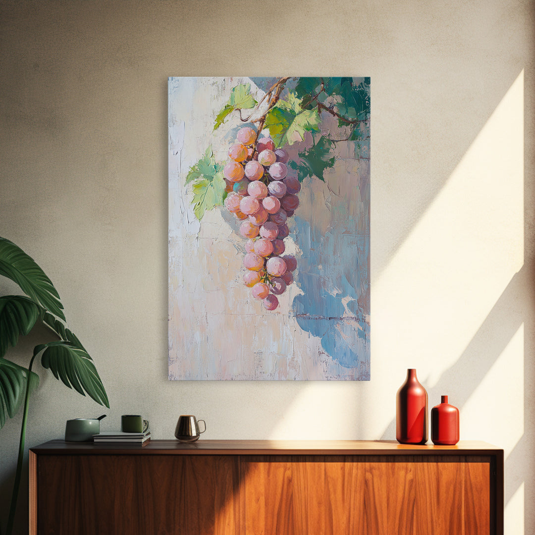 Blush Pink Grapes Hanging On Vine Wall Art, Vineyard Canvas Print, Wine Country Kitchen Decor, Soft Coastal Farmhouse Art