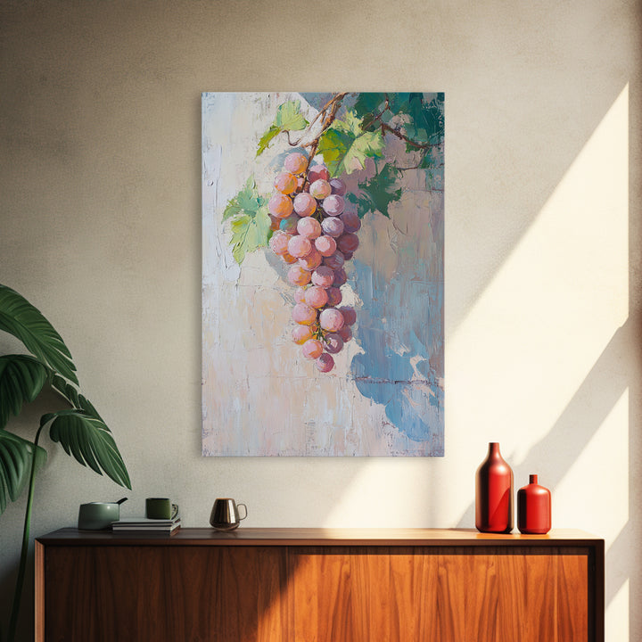 Blush Pink Grapes Hanging On Vine Wall Art, Vineyard Canvas Print, Wine Country Kitchen Decor, Soft Coastal Farmhouse Art