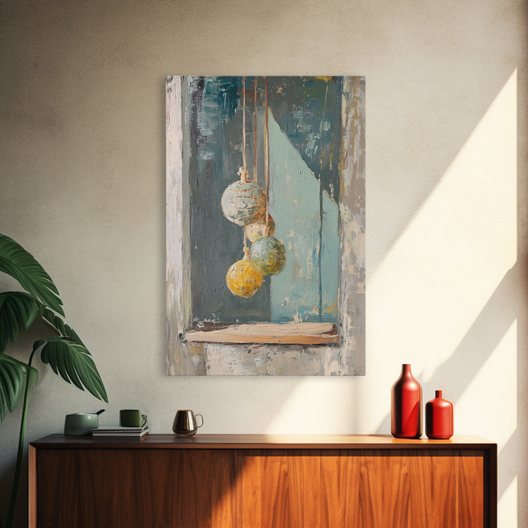 Hanging Textured Ornaments Canvas Print, Rustic Window Still Life, Boho Wall Decor, Neutral Modern Farmhouse Home Decor Art