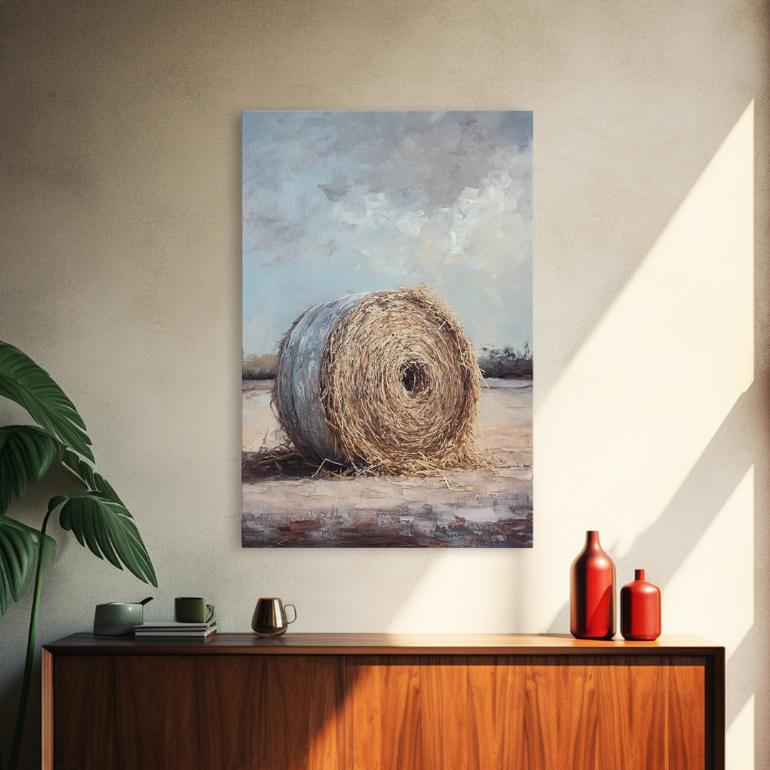Round Hay Bale Field Wall Art, Rustic Farmhouse Landscape Painting, Country Home Decor, Neutral Large Canvas Print Gift For Her