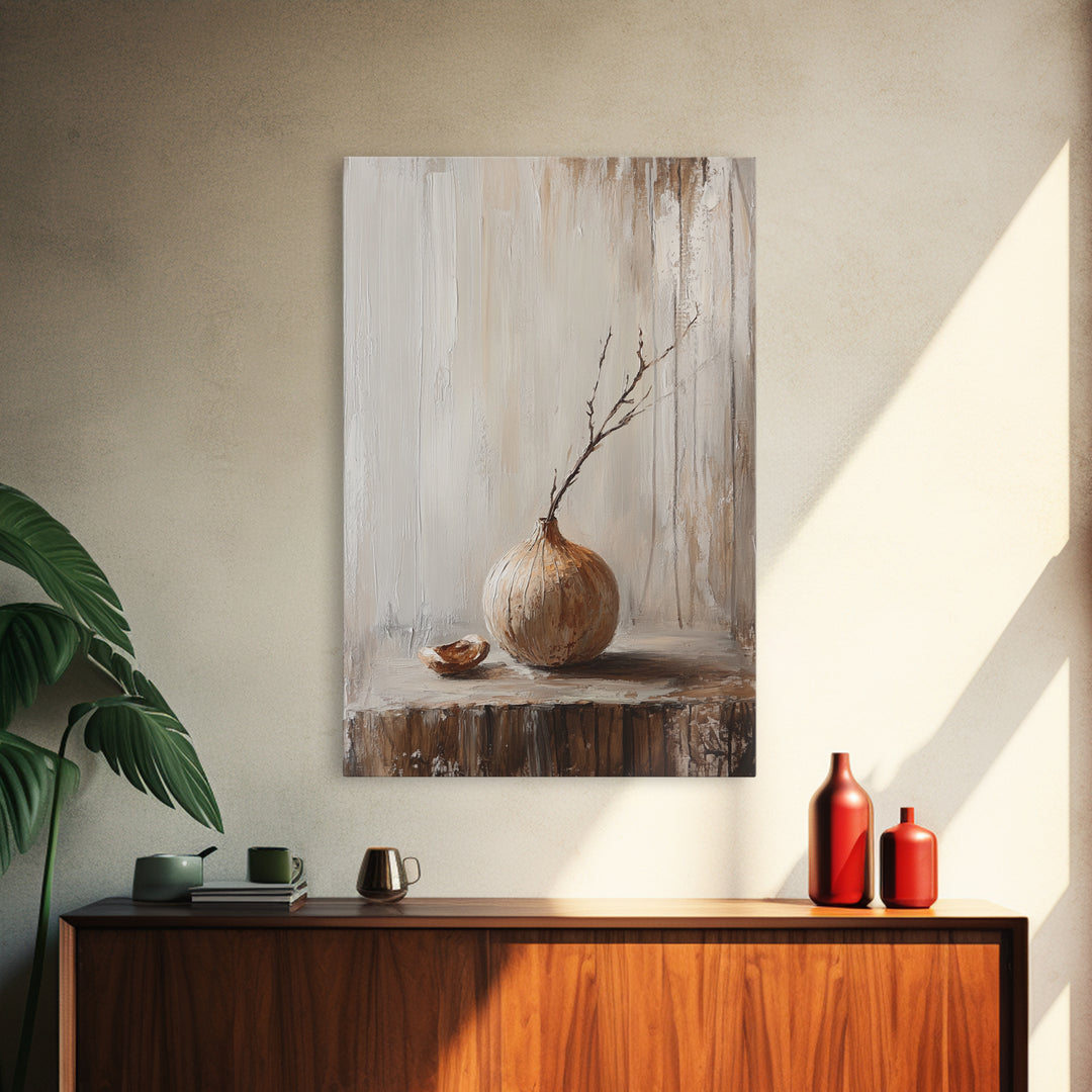 Minimal Onion Still Life Canvas Print, Neutral Kitchen Wall Art, Rustic Farmhouse Decor, Contemporary Vegetable Art Print