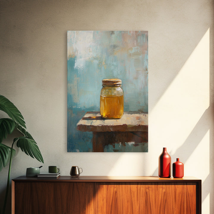 Golden Honey Jar Canvas Print, Rustic Kitchen Wall Art, Farmhouse Still Life Decor, Bee Lover Gift, Modern Home Decor Art