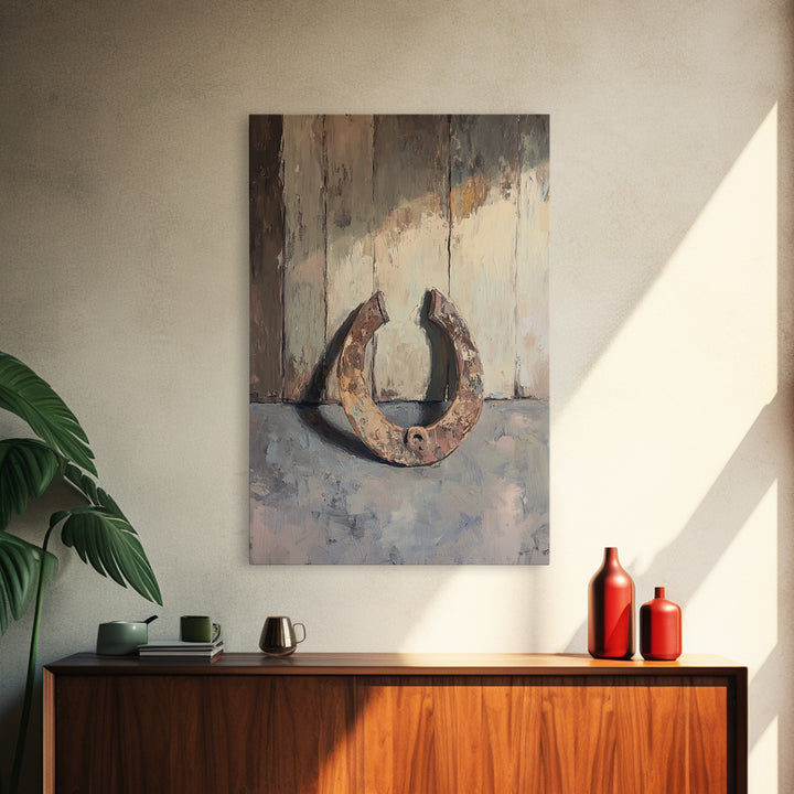 Rusty Horseshoe Still Life Wall Art, Western Farmhouse Decor, Rustic Country Canvas Print, Horse Lover Gift For Him Man Cave Decor
