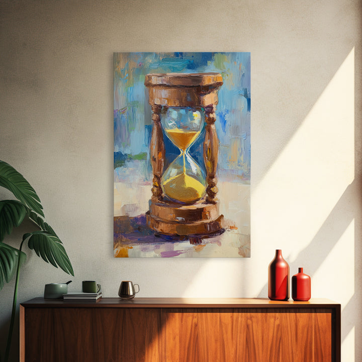 Wooden Hourglass With Golden Sand Framed Canvas Print, Modern Wall Art, Rustic Home Decor, Office Decor, Housewarming Gift