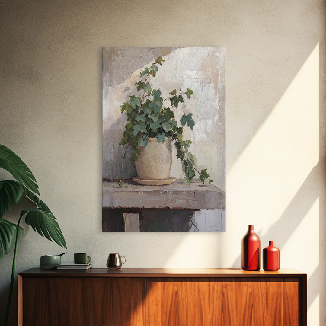 Trailing Ivy Plant In Ceramic Pot Canvas Print, Botanical Wall Art, Neutral Home Decor, Minimalist Art, Living Room Decor