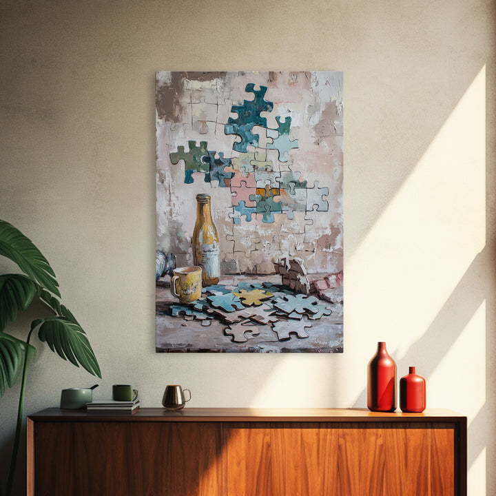 Puzzle Pieces And Bottle Still Life Canvas Print, Whimsical Wall Art, Game Room Decor, Eclectic Wall Art, Unique Gift, Living Room Decor
