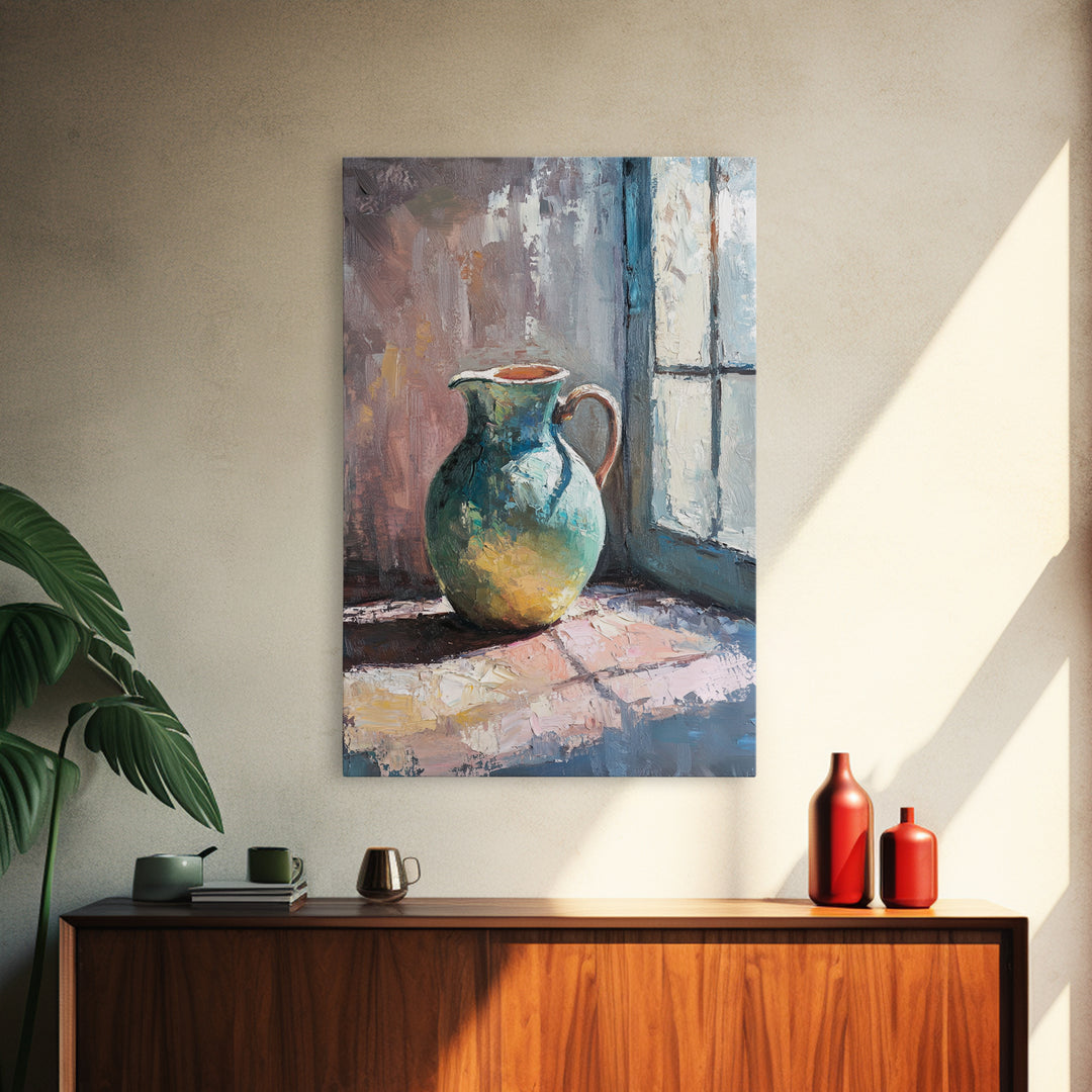 Turquoise Pitcher By Sunlit Window Wall Art, Rustic Kitchen Decor, Still Life Oil Painting, Farmhouse Home Decor Gift For Her