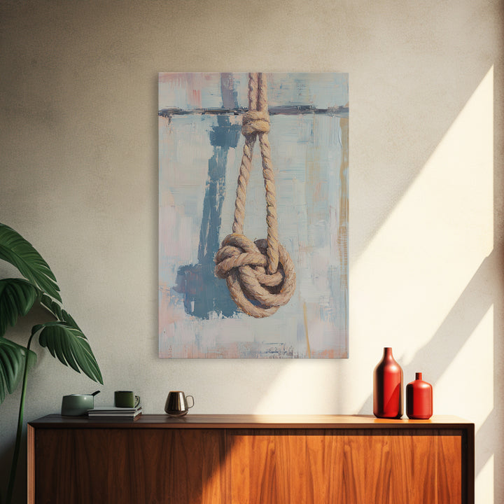 Nautical Rope Knot On Weathered Blue Wall Art, Coastal Home Decor, Sailboat Inspired Maritime Print, Beach House Gift For Him