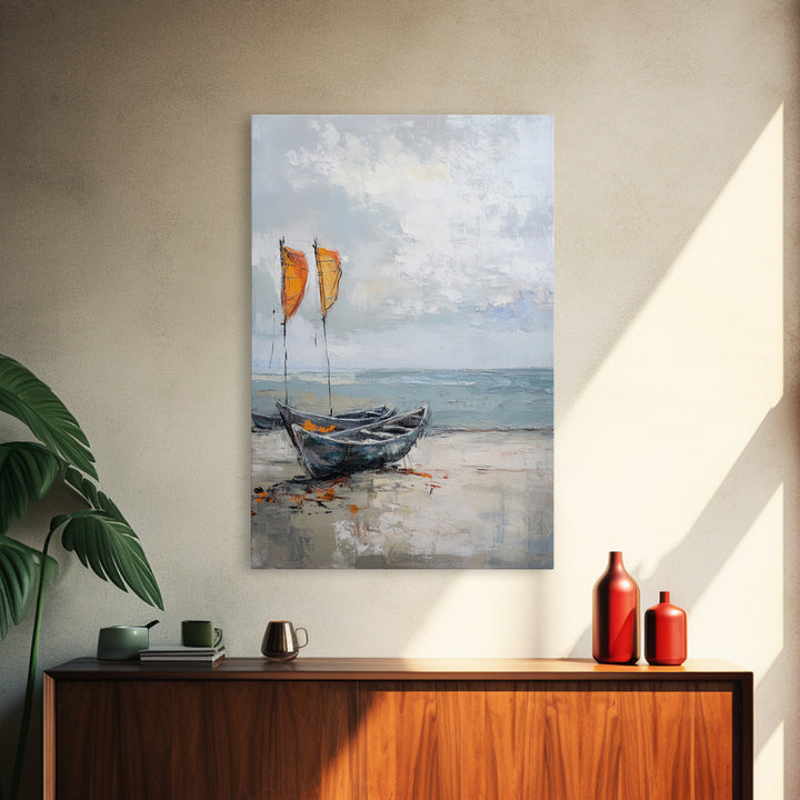 Orange Sailboats On Misty Beach Framed Canvas Print, Coastal Wall Art, Nautical Decor, Ocean Seascape Beach House Gift For Him