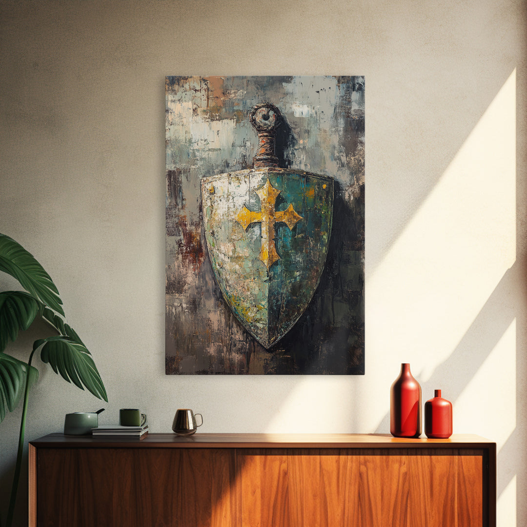 Medieval Shield And Sword Wall Art, Gothic Framed Canvas Print, Fantasy Decor, Knight Armor Gift For Him Home Office Man Cave Decor