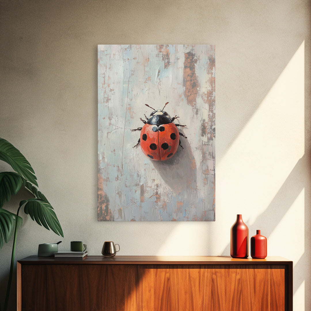 Bright Red Ladybug On Textured Wood Wall Art, Whimsical Animal Art Print, Nature Inspired Decor, Cute Nursery Gift, Garden Lover Decor