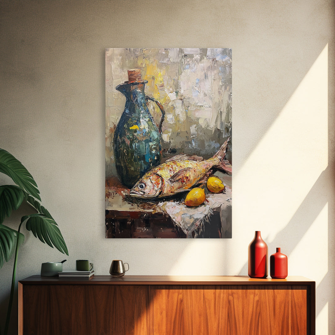 Mediterranean Fish Still Life With Lemons Framed Canvas Print, Coastal Kitchen Wall Art, Seafood Decor, Foodie Gift For Home Chefs