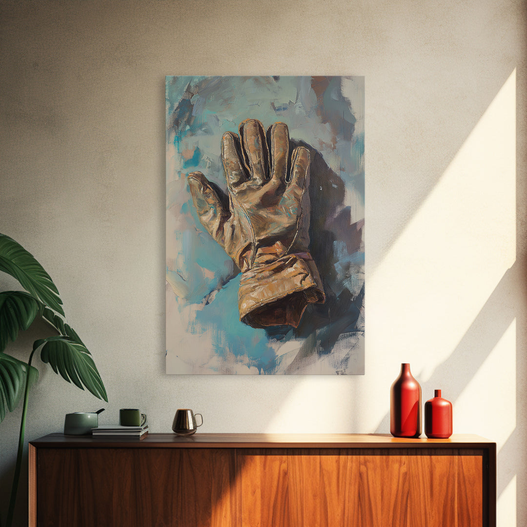 Weathered Leather Work Glove Framed Canvas Print, Rustic Masculine Wall Art, Farmhouse Office Decor, Industrial Decor, Gift For Him