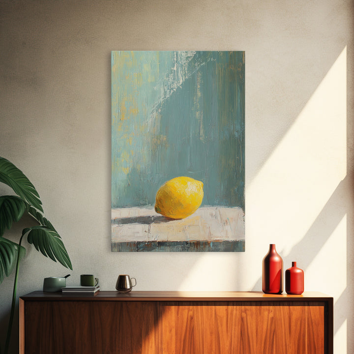 Single Yellow Lemon Still Life Wall Art, Minimalist Kitchen Decor, Neutral Canvas Wall Art, Rustic Farmhouse Art Print Gift