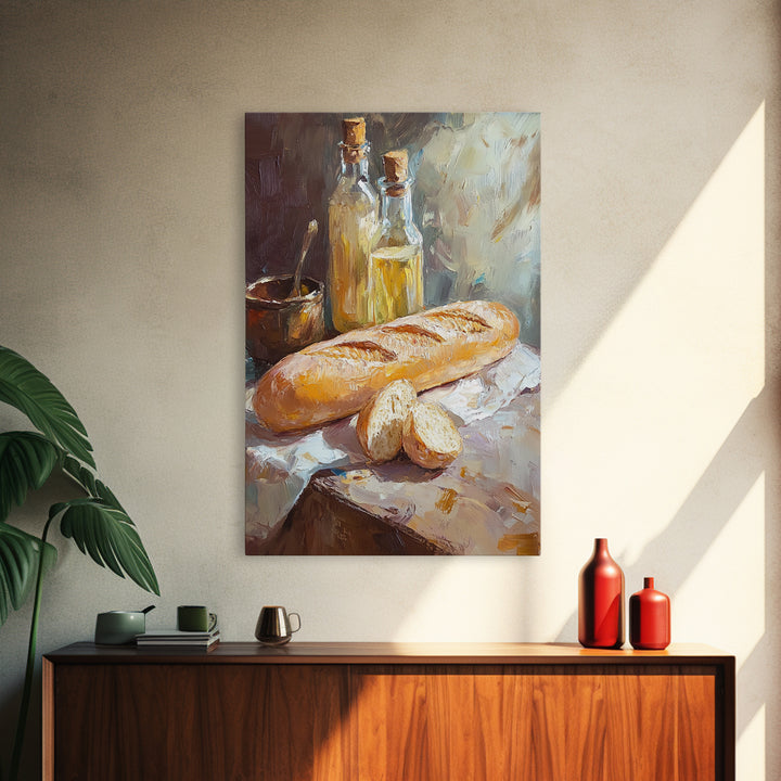 Rustic Baguette And Olive Oil Still Life Canvas Print, French Kitchen Wall Art, Bakery Decor, Food Lover Housewarming Gift
