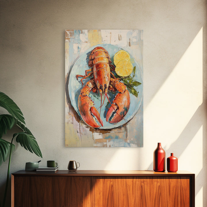 Red Lobster With Lemon Seafood Wall Art, Coastal Kitchen Decor, Nautical Canvas Print, Beach House Decor Gift For Food Lover