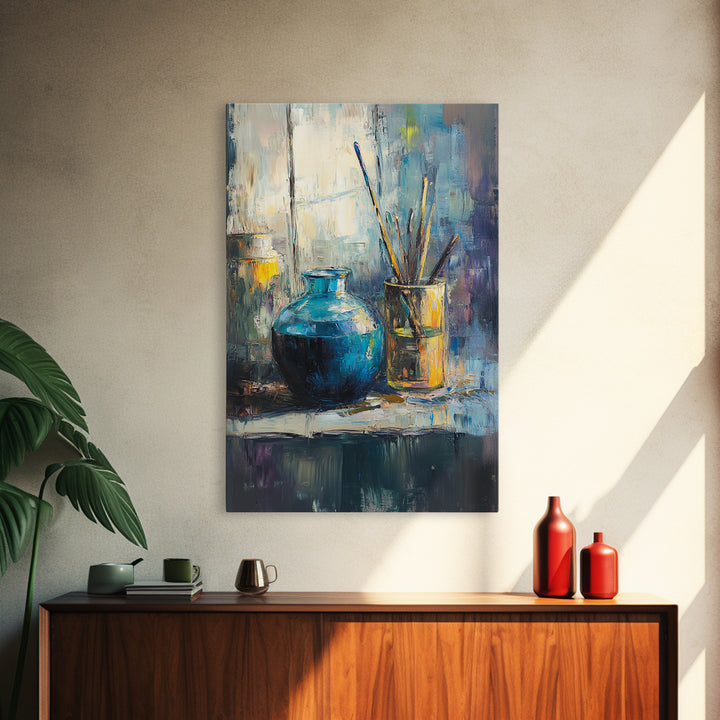 Blue Ceramic Vase With Artist Brushes Wall Art, Textured Still Life Oil Painting, Modern Home Decor, Living Room Art Print