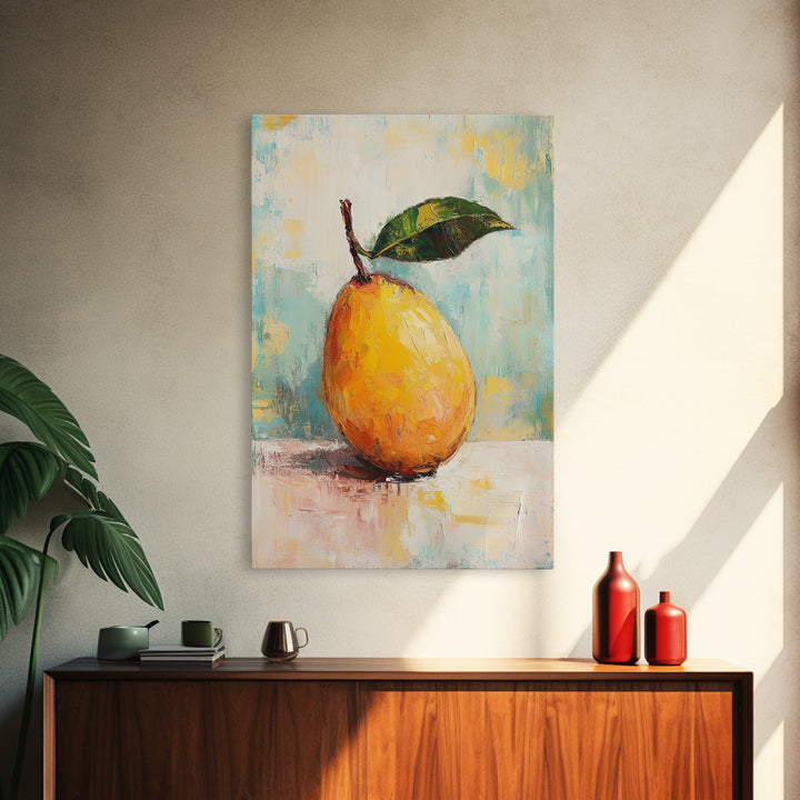 Golden Pear With Green Leaf Wall Art, Textured Fruit Still Life Oil Painting, Kitchen Wall Art, Farmhouse Home Decor, Dining Room Print