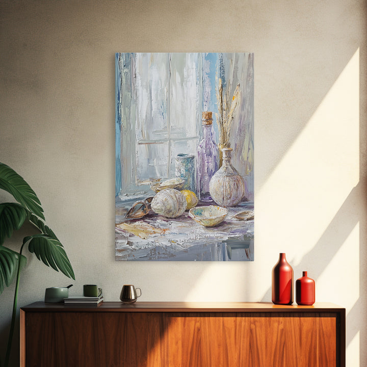 Seashells And Purple Bottle By Window Wall Art, Coastal Still Life Oil Painting, Beach House Decor, Neutral Wall Decor, Bathroom Art