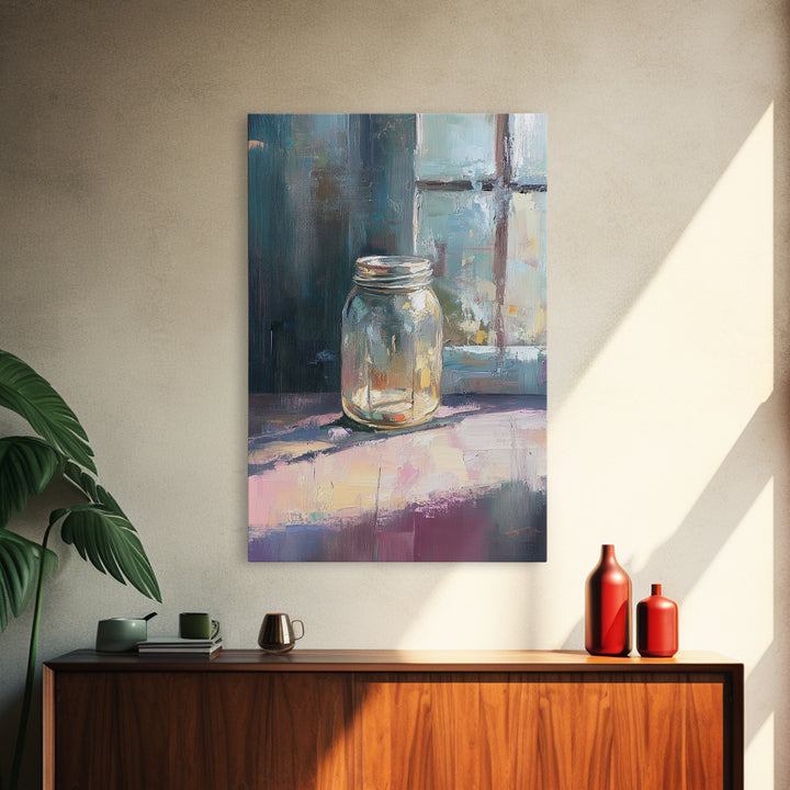 Sunlit Mason Jar On Windowsill Canvas Print, Minimalist Still Life Oil Painting, Rustic Kitchen Decor, Farmhouse Wall Art