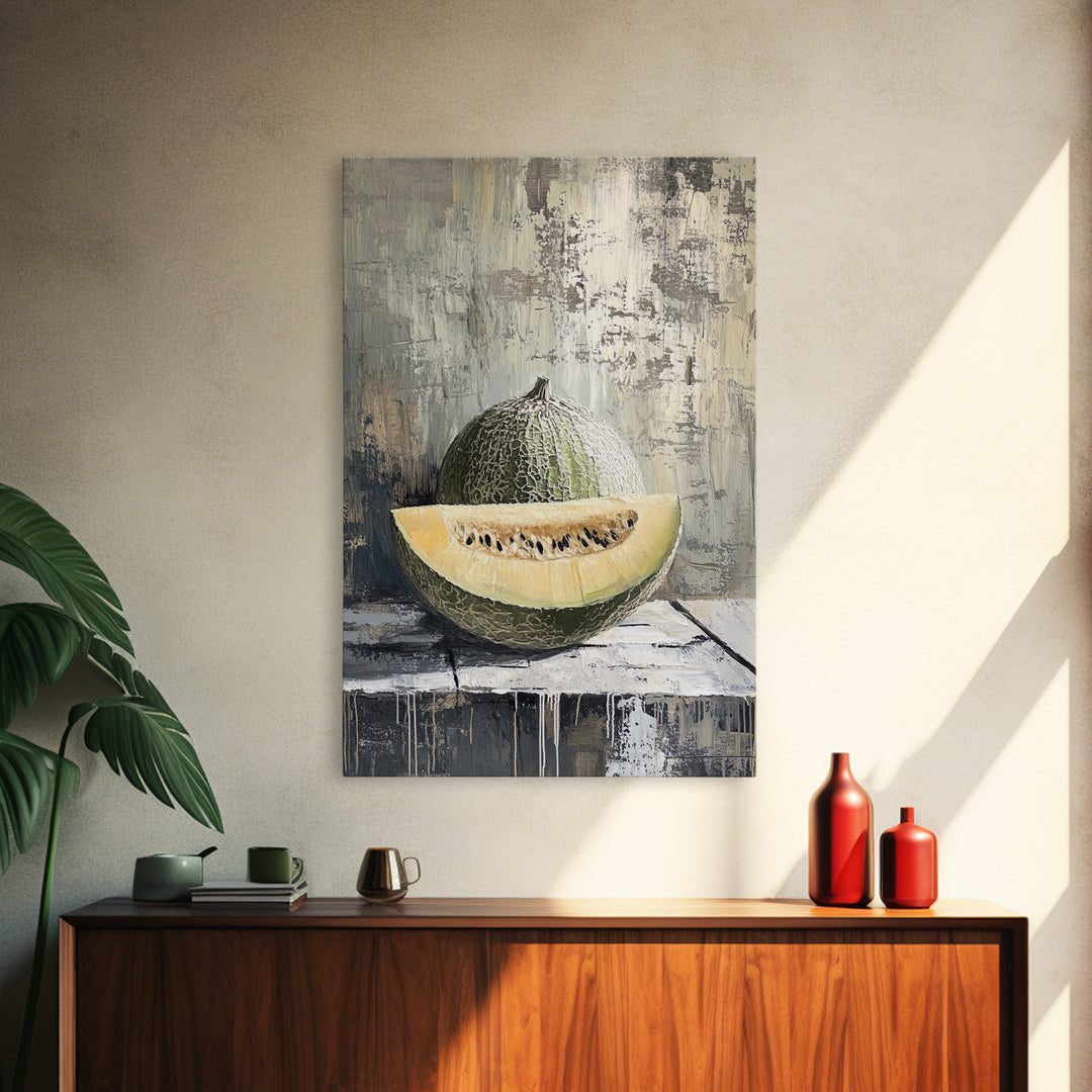 Cantaloupe Melon Still Life Wall Art, Rustic Kitchen Decor, Fruit Painting Print, Farmhouse Dining Room Art For Home Decor