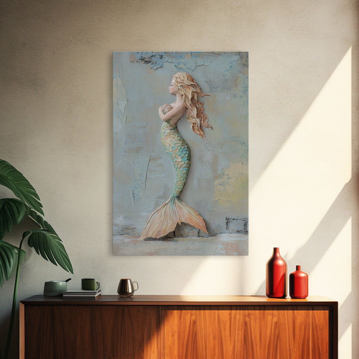 Textured Mermaid Figure Wall Art, Coastal Fantasy Decor, Nautical Canvas Print, Whimsical Ocean Art, Beach House Decor Gift