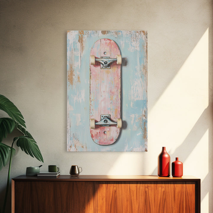 Pastel Pink Skateboard On Distressed Blue Wall Art, Retro Sport Decor, Skater Gift, Trendy Canvas Print For Kids Room Decor