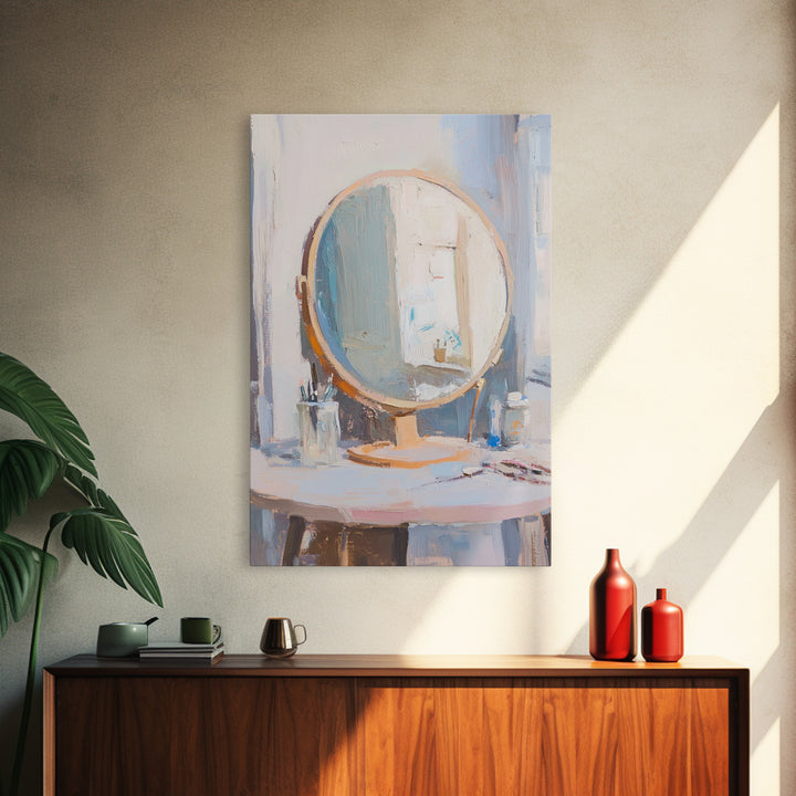 Soft Sunlit Vanity Mirror Still Life Wall Art, Feminine Bedroom Decor, Beauty Room Art, Neutral Framed Canvas Print For Modern Home Decor