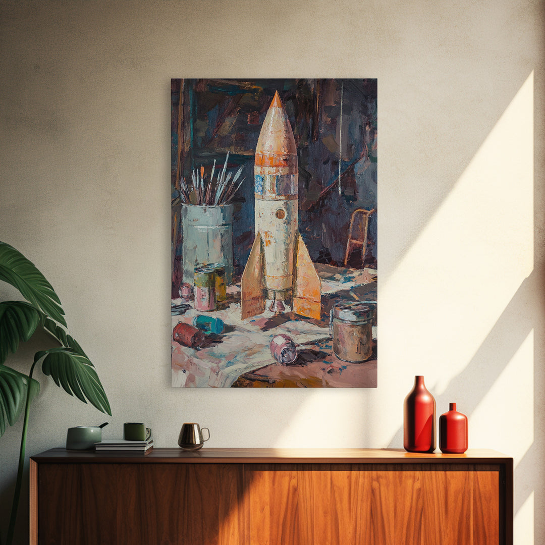 Weathered Toy Rocket In Artist Studio Wall Art, Retro Space Decor, Sci Fi Art Print, Bold Framed Canvas Print For Kids Room
