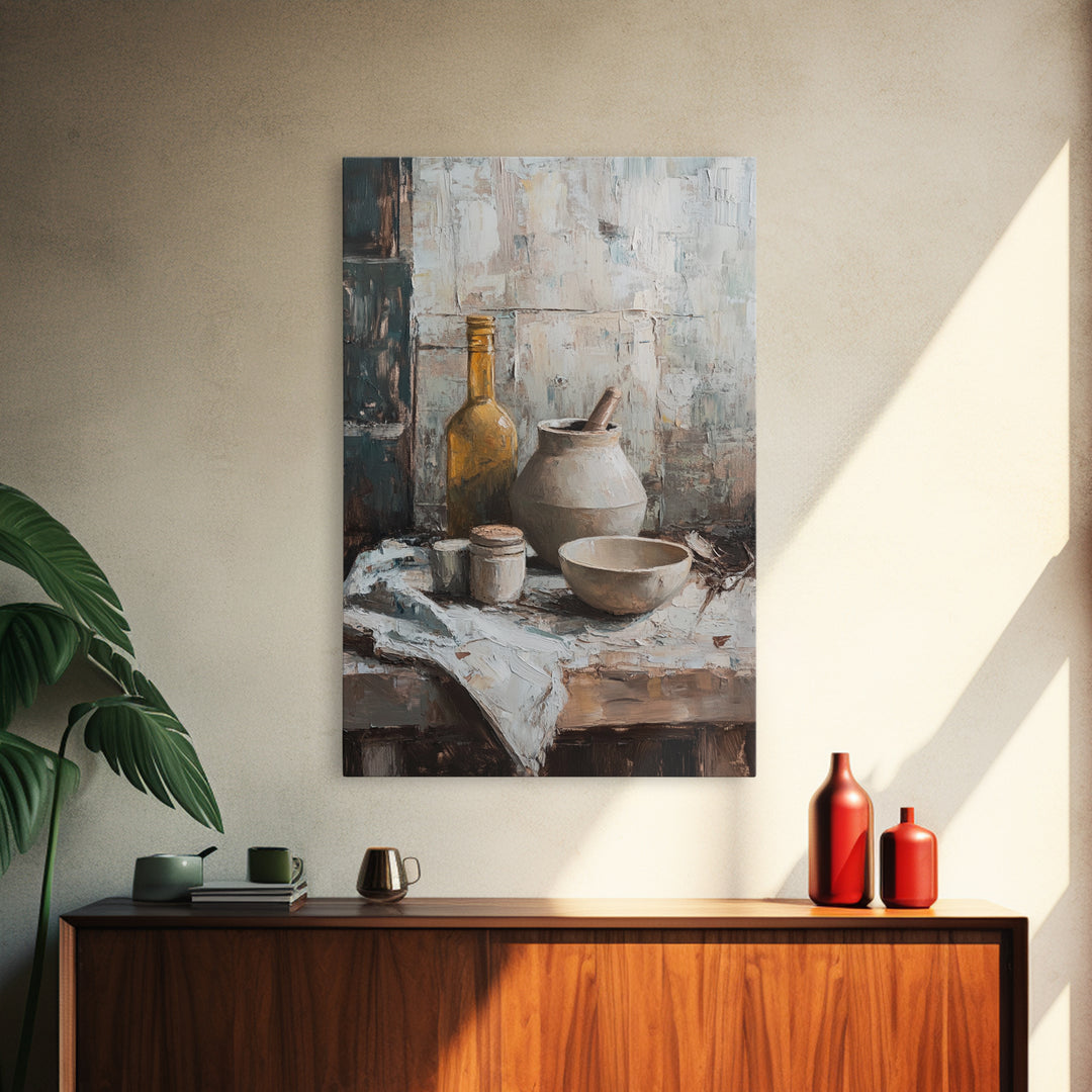 Rustic Pottery Bowl And Olive Bottle Wall Art, Neutral Kitchen Still Life Painting, Farmhouse Framed Canvas Print For Dining Room Decor