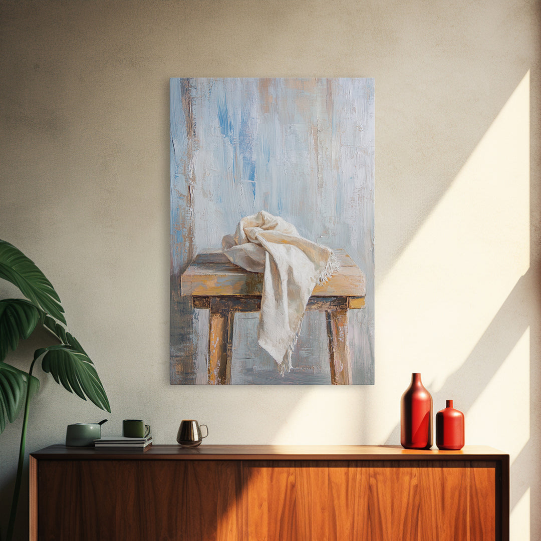 Weathered Wooden Stool With Linen Cloth Canvas Print, Minimalist Rustic Wall Art, Neutral Farmhouse Decor For Bedroom And Living Room
