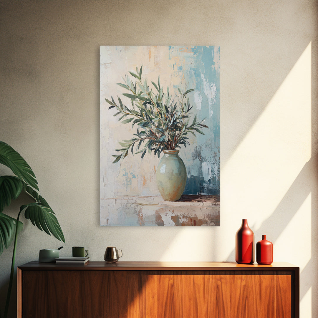 Olive Branches In Ceramic Vase Canvas Print, Mediterranean Botanical Wall Art, Minimalist Kitchen Decor, Neutral Home Decor