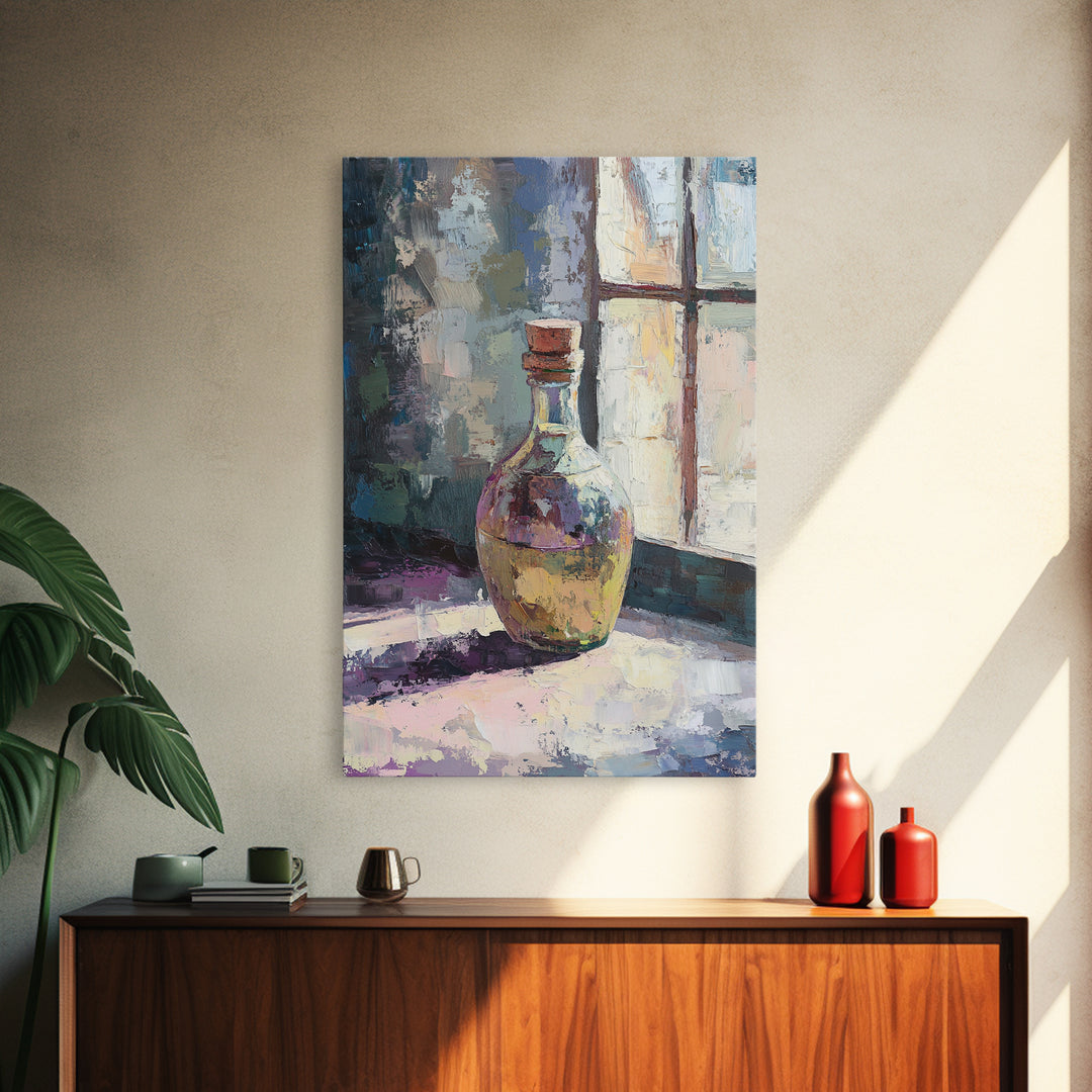 Sunlit Glass Bottle By Window Wall Art, Moody Still Life Painting, Rustic Kitchen Decor, Contemporary Canvas Print For Home