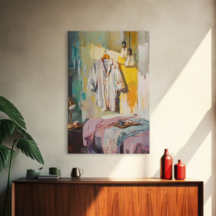 Cozy Bedroom With Hanging Shirt Canvas Print, Warm Guest Room Wall Art, Airbnb Wall Decor And Modern Farmhouse Decor Gift